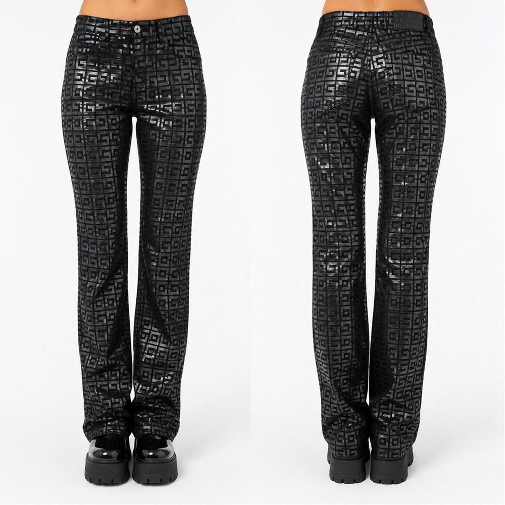 Y2K Black Guess All Over Logo Jeans Size 28 Glamour Shiny Embossed Going Out